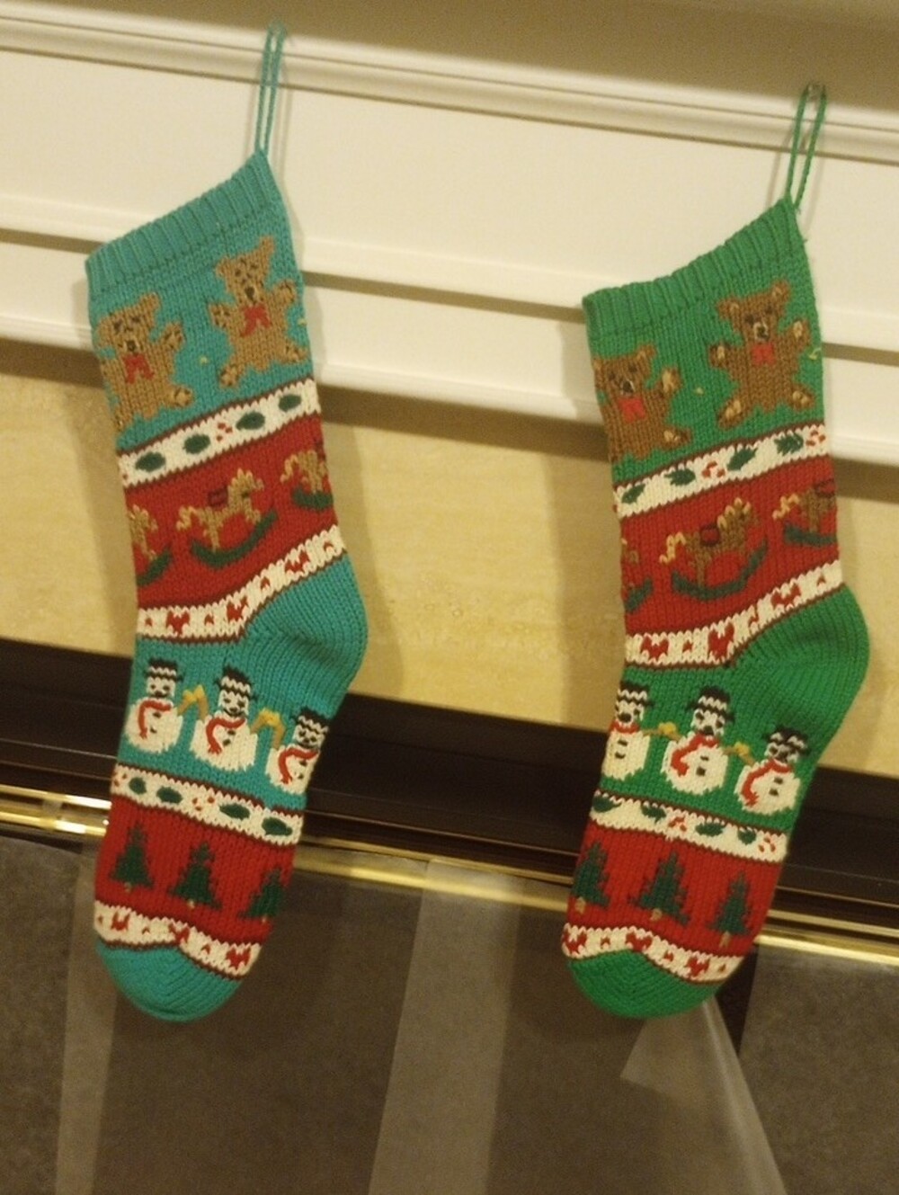 Festive Knit Christmas Stocking with Teddy & Snowman Motifs - Green/Red - Picture 2 of 5